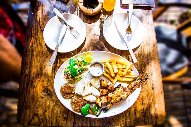 Barbecue seafood platter in cafe on the beach.