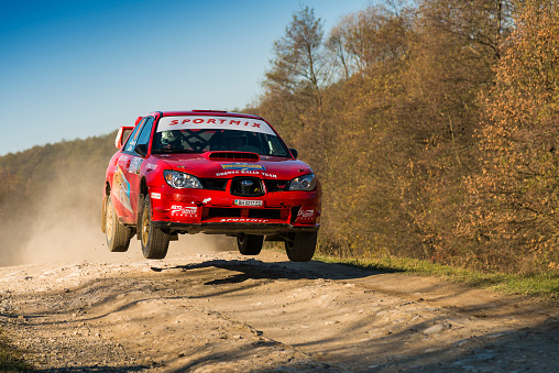 Falköping, Sweden - May 01, 2015: Rally Car on a skid on a dusty dirt road