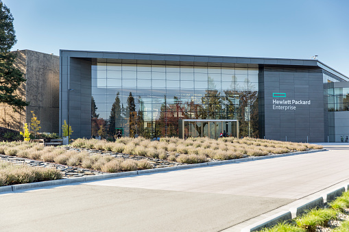 Palo Alto, United States - November 11, 2015: Headquarters of Hewlett-Packard and Hewlett Packard Enterprise, located at 1501 Page Mill Rd. The company recently decided to split into two separate companies. Hewlett-Packard Enterprise will concentrate on selling hardware like servers to businesses while HP Inc. will sell printers and personal computers.