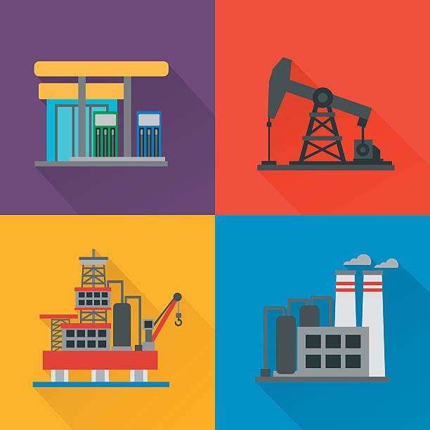 ilustrações de stock, clip art, desenhos animados e ícones de indústria petrolífera conceito moderno design plano definido - oil rig oil industry sea mining