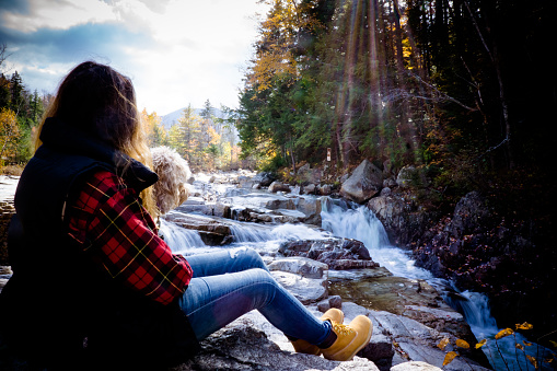 Woman and Puppy Viewing Beautiful Waterfall under dramatic sky and fall foliage.