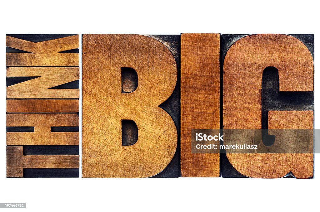 think big in old grunge wood type think big motivational phrase -  isolated text abstract - old grunge letterpress wood type printing blocks Large Stock Photo