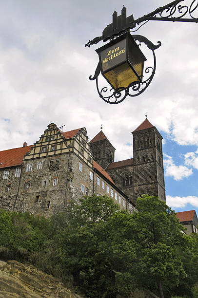 Quedlinburg, Germany, 29th July, 2015, view of the castle of Quedlinburg with a lantern of a restaurant called \