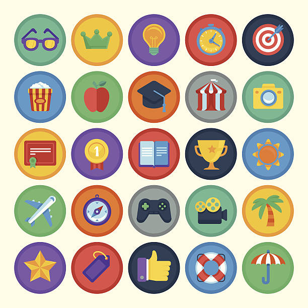 Vector flat icons set Vector flat icons set - bright achievement badges - gamification - new trend ni online business gamification badge stock illustrations