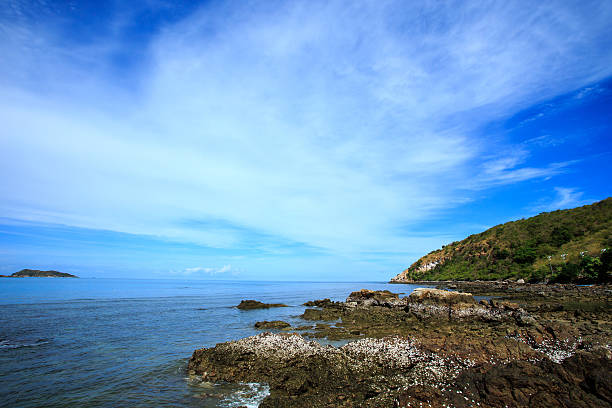 Rock beside vivid blue sea. Suitable for background. stock photo