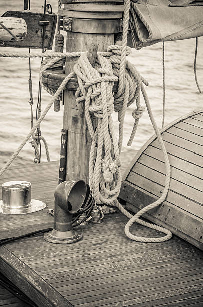 istock Blocks and rigging of an old sailboat, close-up 497450004
