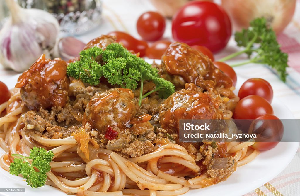 traditional Italian dish spaghetti bolognese traditional Italian dish spaghetti bolognese with beef meatballs and parsley Beef Stock Photo
