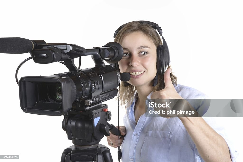 pretty woman with camera pretty woman with camera on white background Camera Operator Stock Photo