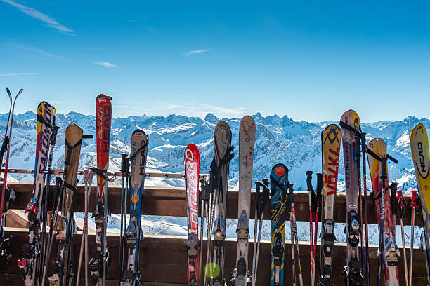 istock Skis in front of mountains 497451350