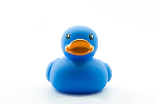 Photo of Blue rubber duck isolated on white background