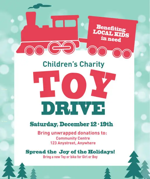 Vector illustration of Holiday Charity Toy Drive fundraiser poster design retro bokeh design