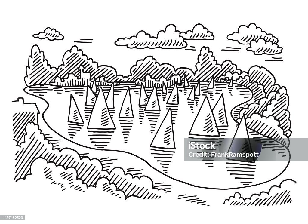 Lake Sailing Regatta Drawing Hand-drawn vector drawing of a Lake with a Sailing Regatta. Black-and-White sketch on a transparent background (.eps-file). Included files are EPS (v10) and Hi-Res JPG. Black And White stock vector