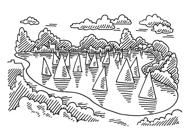Vector illustration of Lake Sailing Regatta Drawing