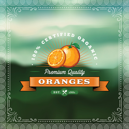 A vintage styled label featuring oranges. EPS 10 file, layered & grouped, with meshes and transparencies (shadows & overall effects only).