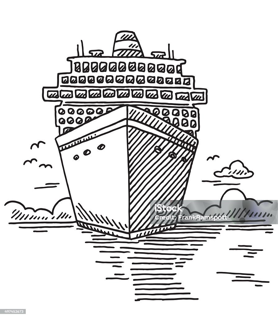 Cruise Ship Sea Vacation Drawing Hand-drawn vector drawing of a Cruise Ship, Sea Vacation Concept Image. Black-and-White sketch on a transparent background (.eps-file). Included files are EPS (v10) and Hi-Res JPG. Front View stock vector