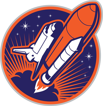 Stylized powerful illustration of Space Shuttle flying space. All colors are separated in layers. Easy to edit. Black and white version (EPS10,JPEG) included.