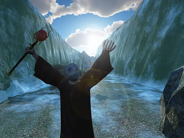 Digital render depicting Moses parting the Red Sea