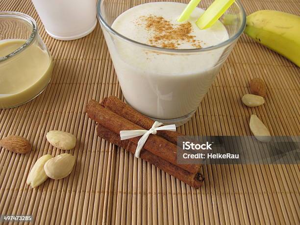 Milk Shake With Banana And Almond Butter Stock Photo - Download Image Now - Almond, Banana, Blended Drink