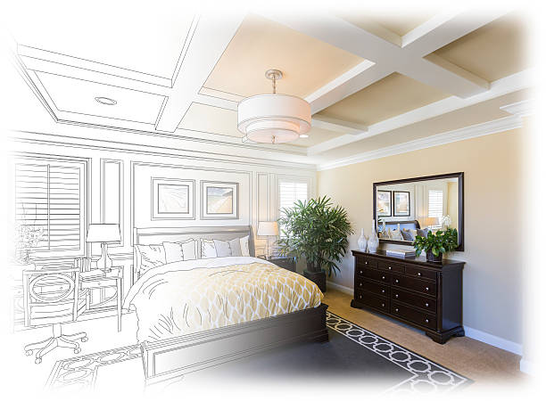 пользовательские спальня чертеж gradation на фотографии. - bedroom authority indoors home interior стоковые фото и изображения