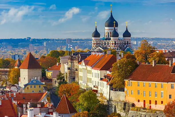 Toompea hill with tower Pikk Hermann and Russian Orthodox Alexander Nevsky Cathedral, view from the tower of St. Olaf church, Tallinn, Estonia