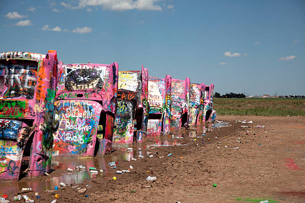 Amarillo, United States - July 13, 2015: The row of cars at Cadillac Ranch in Amarillo, Texas on July 13, 2015