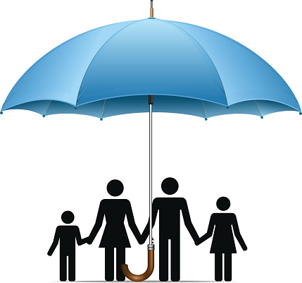 Family under umbrella on white background.