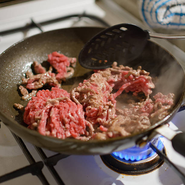 Minced Beef Meat Being Fried In A Frying Pan.
