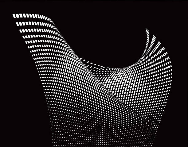 Halftone Pattern Wavy Grid with Gradient and Black Background Futuristic Skyscraper. Halftone Pattern Wavy Grid with Gradient and Black Background black and white architecture stock illustrations
