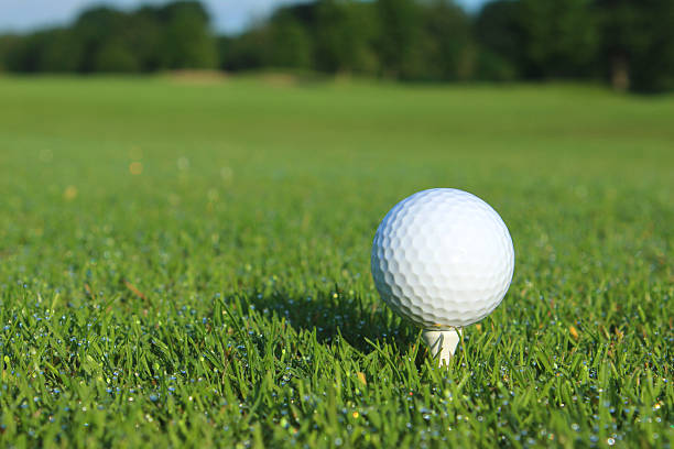 istock Image of golf ball on tee, golf course fairway grass 497489547