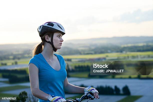 Healthy Cheerful Young Woman Riding Bicycle Outdoor Country Lanscape Stock Photo - Download Image Now