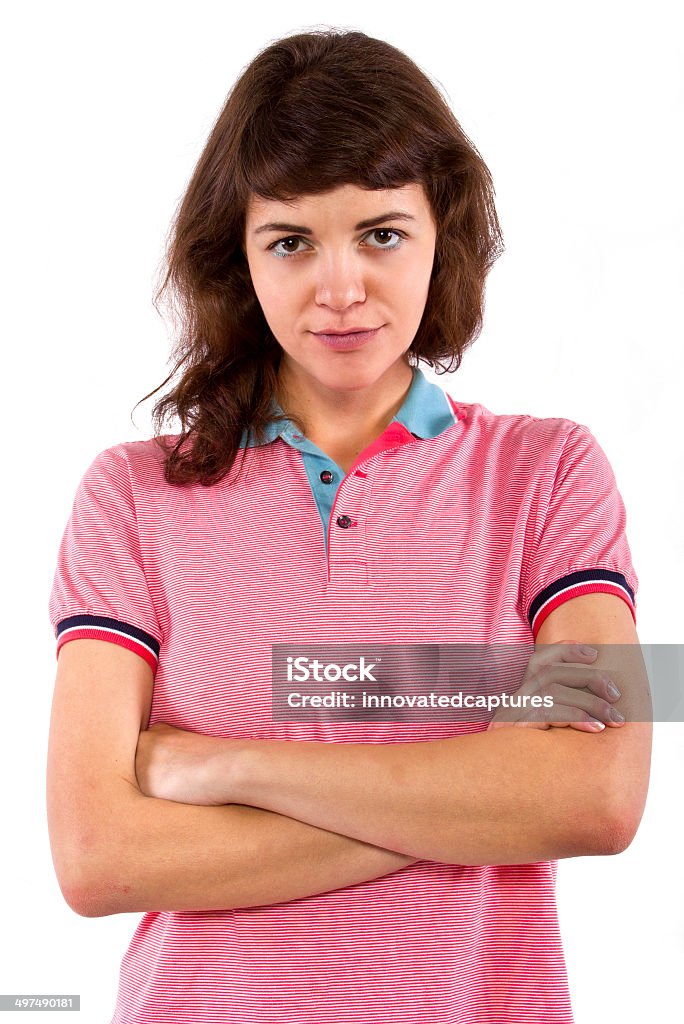 Anxious young female model wearing pink shirt Adolescence Stock Photo