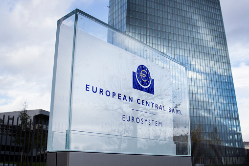 Frankfurt, Germany - November 15, 2015: New building of European Central Bank ECB, EZB headquarters at Eastend Frankfurt, Germany. Close-up of the logo in front of the building.
