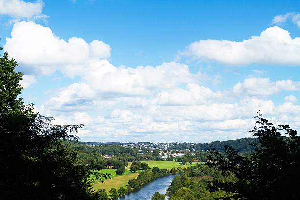 River Ruhr and valley in summer afternoon. View from Kettwig til Essen Werden. Ruhrgebiet.