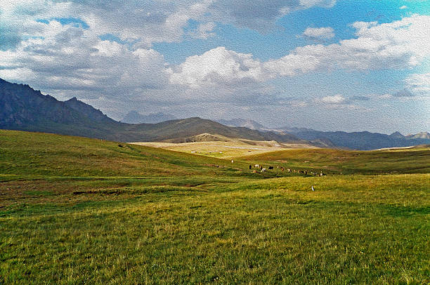 istock asian landscape -  steppe, cattle and pamir mountains, oil paint 497490939