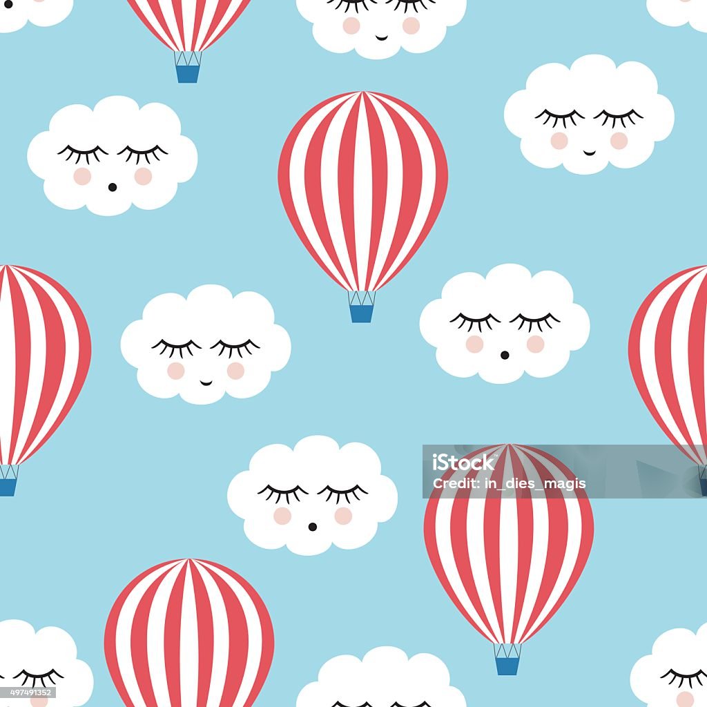 Smiling sleeping clouds and hot air balloons seamless pattern. Smiling sleeping clouds and hot air balloons seamless pattern. Cute baby shower vector background. Child drawing style. 2015 stock vector