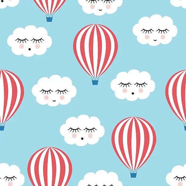 Vector illustration of Smiling sleeping clouds and hot air balloons seamless pattern.