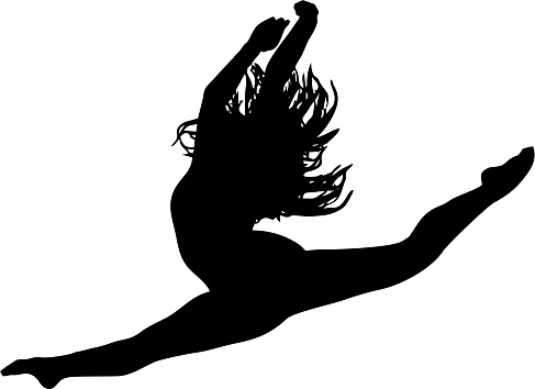 Vector illustration of a young female ballet dancer leaping with arms and legs outstretched.