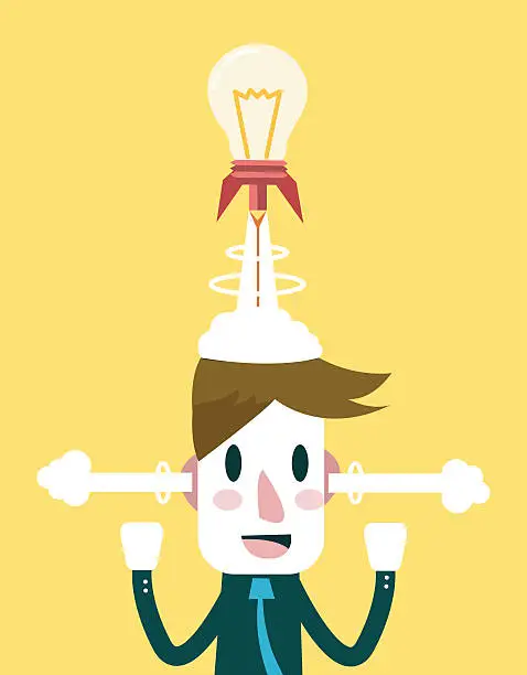 Vector illustration of Idea rocket launching from Businessman head.