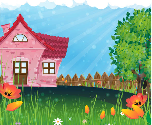 ilustrações, clipart, desenhos animados e ícones de casa rural no meadow - tulip field flower cloud