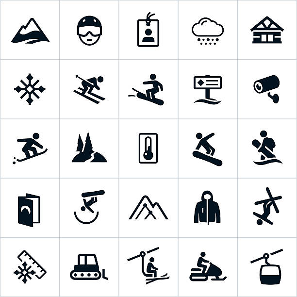 Snow Ski and Snowboard Icons Icons related to the ski industry. The icons include symbols of snow skiers, snowboarders, ski resort, mountain, snow, ski lift, gondola, ski gear and others. skier downhill stock illustrations