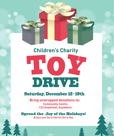 Vector illustration of a Holiday Charity Toy Drive fundraiser poster retro design. Includes bokeh background, gold accents, gift boxes, trees, snowflakes, and sample text design. Charity or fundraising, gift giving. Wreath with bow and berries. Christmas giving, philanthropy, poster design. Fully editable, and printable. Scalable. Sample text design for easy customization.