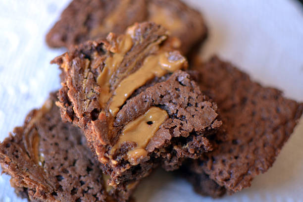 Stack of fudge peanut butter brownies stock photo