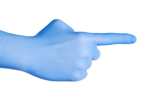 Human right hand with extended index finger pointing. Man hand wearing blue glove. Isolated on white image.