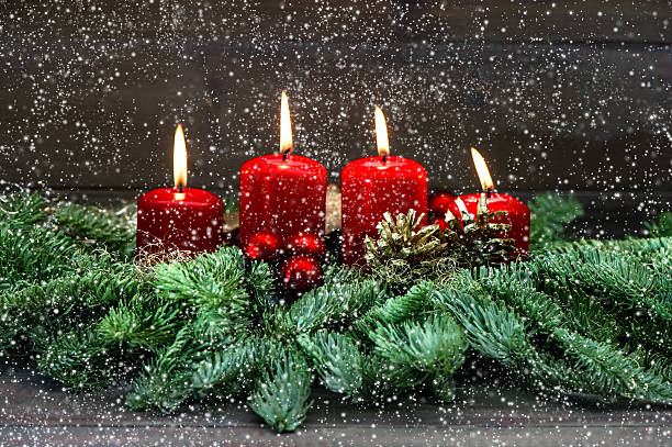 istock Advent decoration. Four red burning candles. Holidays background 497512426