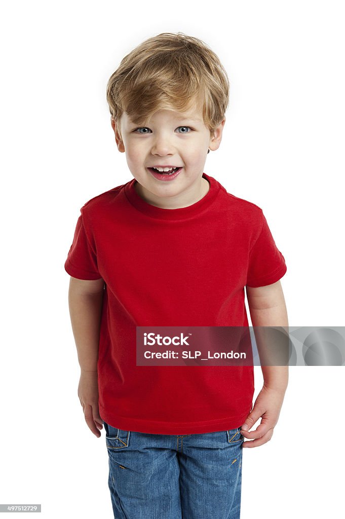 Cute Boy Looking Smiling happy boy in red T-Shirt shot in the studio on a white background. T-Shirt Stock Photo