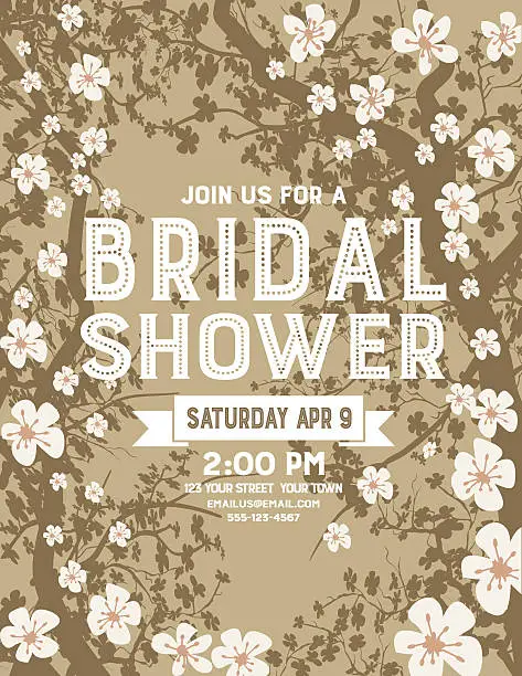 Vector illustration of Bridal Shower Template With Cherry Blossoms and Branches.