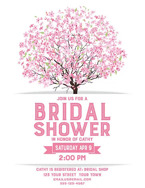 Vector illustration of Bridal Shower Template With Cherry Blossom Tree