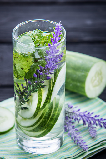 Summer fresh fruit Flavored infused water of cucumber and mint leaf