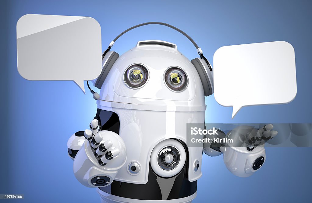 Robot customer service operator with headset and speech bubbles Robot customer service operator with headset and speech bubbles. Isolated, contains clipping path Robot Stock Photo