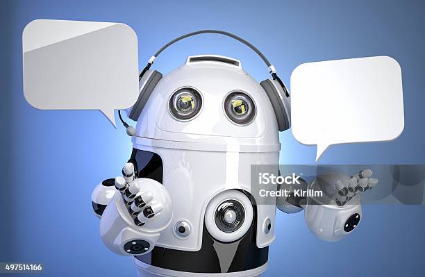 Robot Customer Service Operator With Headset And Speech Bubbles Stock Photo - Download Image Now